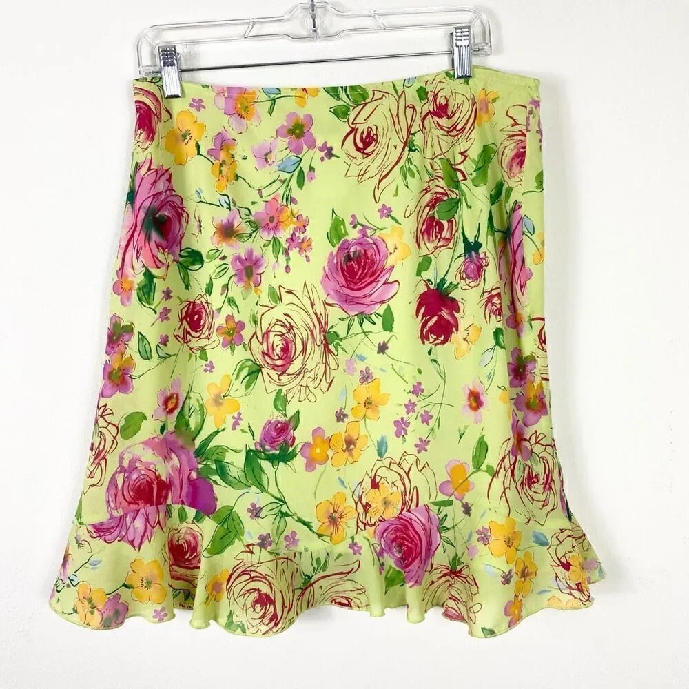 (14 petite) Vintage y2k Worthington Green & Pink Floral Knee Length Skirt